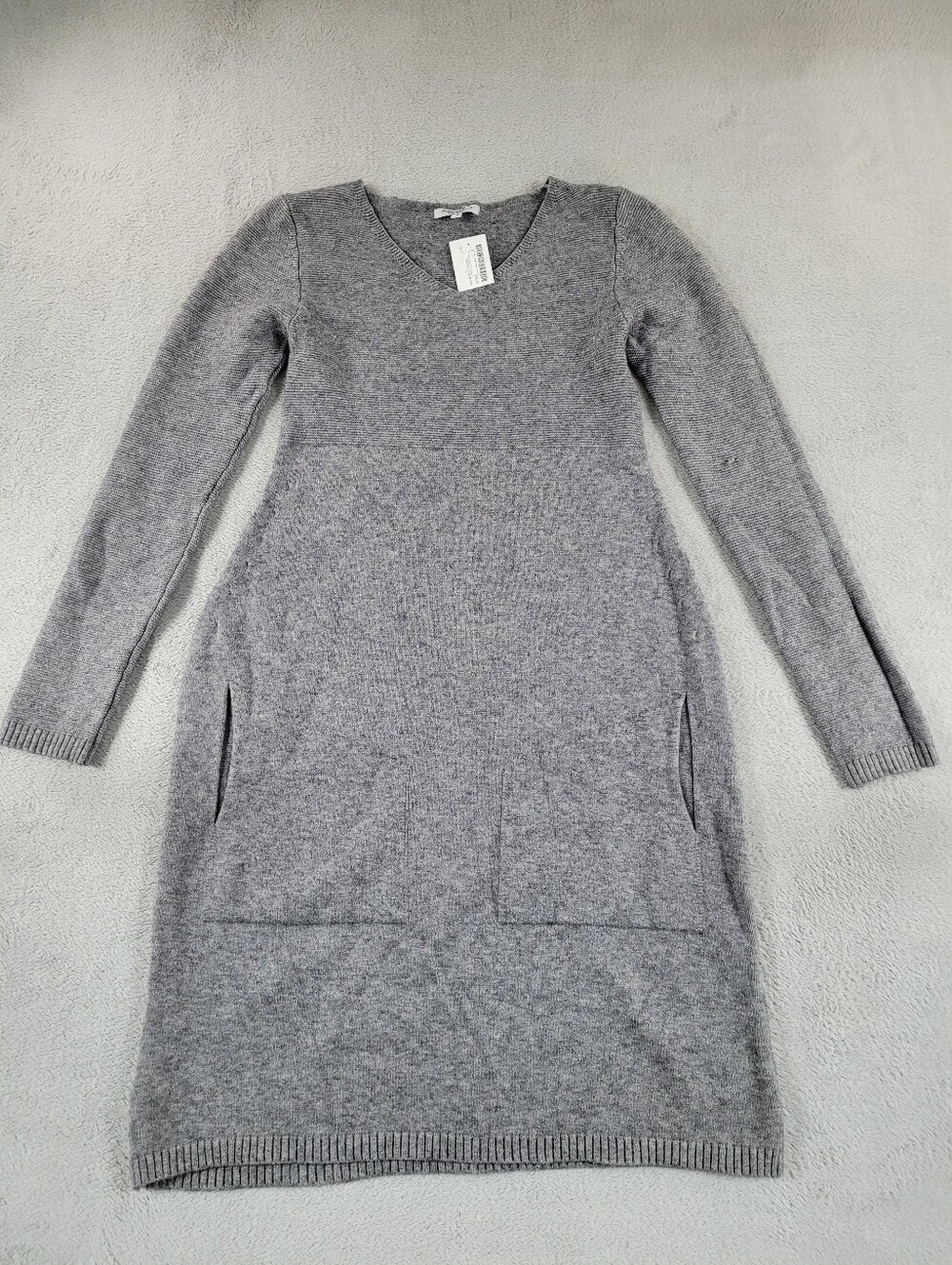 Angela Mara V-Neck Long Sleeve Gray Knit Dress